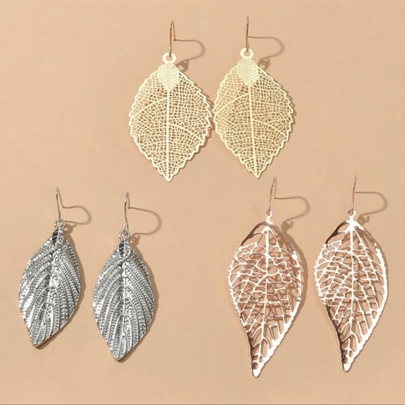 Leaf Earrings Set: Silver, Yellow Gold, Rose Gold - Picture 3 of 4